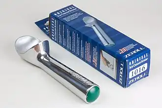 Zeroll ice cream scoop with heat conductive fluid and green handle cap, indicating a #16 scoop (Zeroll scoops use a non-standard color coding, where the size # is the number of double scoop servings in a gallon)