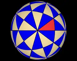 Orbit of a fundamental spherical triangle (marked in red) under action of the full icosahedral group