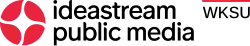 The Ideastream symbol, a circle divided into four pieces by a star shape, in red. To the right, on two lines, the words "ideastream" and "public media" in black in a rounded sans serif. Next to that, in the upper right, black letters W K S U with a red line above them.
