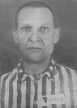 Auschwitz detainee Ignacy Kwarta&nbsp;[pl] wears a red P-triangle.[f]