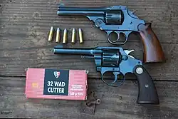 Above: Iver Johnson Safety Automatic; below: Colt Police Positive—both chambered for .32 Smith and Wesson Long/Colt New Police. ("Automatic" refers to automatic, simultaneous ejection of cartridges and/or cases.)