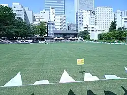 Lawn with cafe in the background