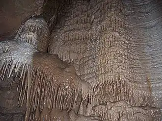 Image 55A flowstone formation inside Chimney Dome, part of Illinois Caverns in Monroe County. The cave is formed in limestone and dolomite by water dissolution and features stalactites, stalagmites, rimstone dams, flowstone, and soda straws. Photo credit: A. Frierdich (from Portal:Illinois/Selected picture)