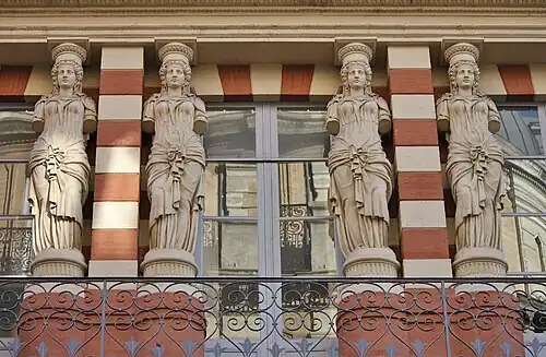 Neoclassical white terracotta caryatids of the Virebent Factory, Toulouse, France, by Auguste Virebent, 1840[31]