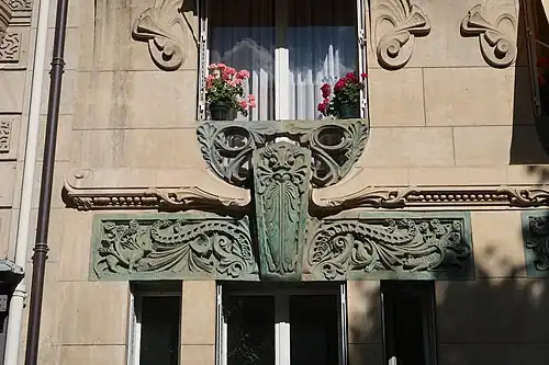 Art Nouveau rinceaux on the Lavirotte Building (Avenue Rapp no. 29), Paris, designed by Jules Lavirotte and decorated with sculpture and ceramic tiles made by Alexandre Bigot, 1901