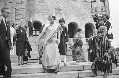 Indira Gandhi signed a treaty of friendship and cooperation with the Soviet Union in 1971. She is seen here leaving the National Museum in Helsinki, Finland, in 1983.