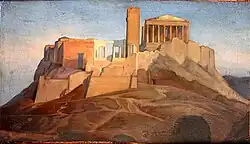 Painting of the Acropolis of Athens: a large tower is visible in the middle, next to a classical building.