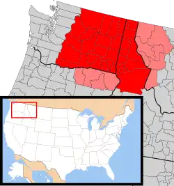 Map of the Inland Northwest. Counties highlighted in red are always included, while counties highlighted in pink are sometimes included.