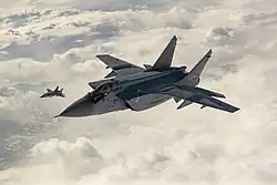 Pacific Fleet Naval Aviation Mikoyan MiG-31DZ interceptors flying over the Kamchatka Peninsula, 2018