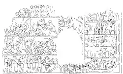 A line drawing reproducing a scene from a tomb. The scene has a hole in the middle, and the top had been damaged and did not survive. The image is divided horizontally into four equal parts. Each contains people fighting. In the middle, partially obscured by the missing portion, is a ladder rising through all four horizontal segments. On the right, a tablet-shaped enclosure accommodates more people, and this space is divided horizontally into five sections. The tablet shape is interpreted as a city wall, and the scene depicts a siege. A relief from the tomb of Inti, an Egyptian official, describing a siege of a walled city (shown on the right). De Miroschedji has questioned whether the city may be Tell es-Sakan, given the possibility that an Egyptian army may have attacked it.[45]