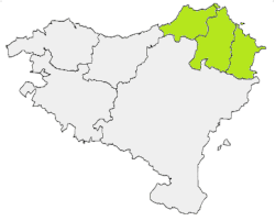 Northern Basque Country in green. From left to right, the historic provinces of Labourd, Lower Navarre, and Soule.
