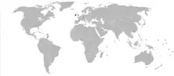Map indicating locations of Ireland and South Korea