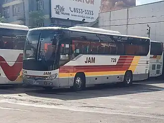 JAM Liner "728" Yutong ZK6119H2 wearing the classic red-orange-yellow livery after JAC Group's takeover.