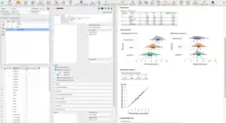 Screenshot of JASP with many submodules activated and a small sample data set is loaded and analyzed