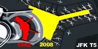A map of the headhouse, shown in red on the left, and Terminal 5, shown in yellow on the right