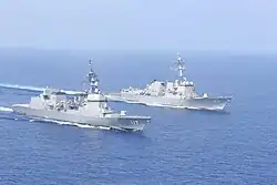 JS Suzutsuki sails with USS&nbsp;Mustin, 17 August 2020