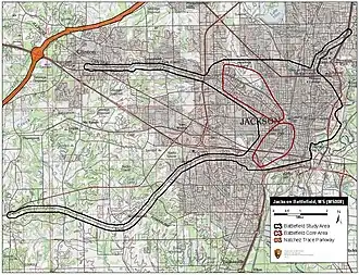 A map of preservation status at the Jackson battlefield. The battle core areas, which are marked with red boxes, are all within the 21st century urbanized area of Jackson.