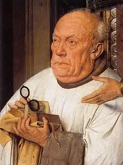 Jan van Eyck's Virgin and Child with Canon van der Paele (circa 1434–36) shows commissioner Joris van der Paele with reading glasses in hand.