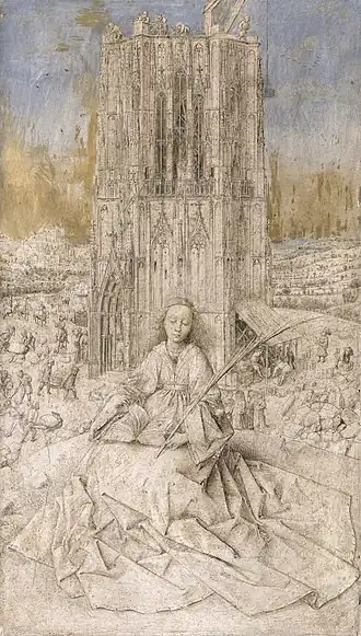 Jan van Eyck, Saint Barbara of Nicodemy, oil on panel, dead paint or underpainting that was not further finished apart from the aerial party.