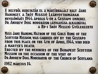Plaque at the Scottish Mission, Budapest