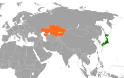 Map indicating locations of Japan and Kazakhstan