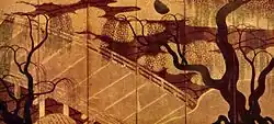 The Bridge at Ubi a famous screen composition, found in many 16th or 17th century versions, showing the colourful abstracted style of the professional painters.[61] Yamato-e style of Japanese painting.