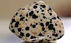 "Dalmatian jasper". According to Mindat, it is a trade name for a peralkaline rock consisting of dark spots embedded on a lighter matrix. Mindat classifies it as a subtype of Peralkaline alkali-feldspar-granite which in turn is a subtype of alkali feldspar granite.[22] Polished pebble.