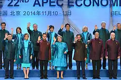 Shinzo Abe, Vladimir Putin, and others in the 2014 version of the tangzhuang