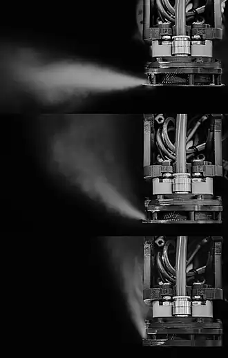 Smoked air-flow of modified Bernoulli-based gripper for grasping textile materials . By redirecting air flows, it is possible to eliminate vibration of materials during their grasping and manipulation by robots.