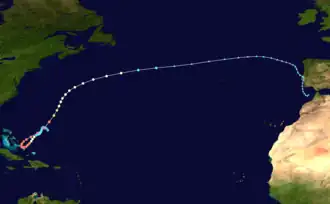 Path of Hurricane Joaquin across the North Atlantic Ocean.