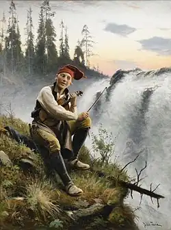 Näcken by Swede Johan Tirén (1853–1911), featuring a young boy learning violin from the Neck in the waterfall.