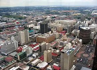 Marshalltown as seen from the top of the Carlton Centre. The M1 and M2 are behind the large buildings and form the boundary between Marshall town and the southern suburbs.