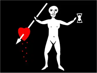 John Quelch's Old Roger flag is described as having "in the middle of it an Anatomy with an Hourglass in one hand and a dart in the Heart with three drops of Blood proceeding from it in the other."[74] However, there is no evidence whatsoever that Quelch flew any flag other than the Flag of St. George or possibly a privateer's flag of St. George quartered on a red background similar to today's British merchant colors. Courtroom testimony from the crew maintained that the flag of England had been flown at all times.