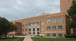 Former Johnson County Courthouse in Olathe (2009). It was opened in 1952, closed in 2020, then demolished in 2021 after a new courthouse was finished.[1][2]
