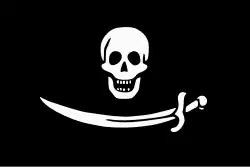 Interpretation of Bartholomew Roberts' Jolly Roger as described by an eyewitness in the Boston Gazette, 22 August 1720: “a Black Flag with Death's head and a cutlass in it”.[40]