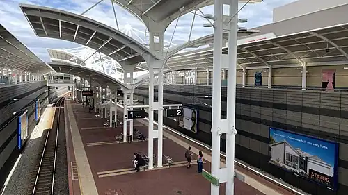 Looking down on Joondalup station platform from ground level