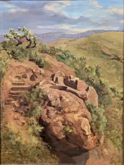 Painting of the outdoor monolithic stone reservoir known as the "King's Bath" and the half-buried stairway leading to it, surrounded by plants and bushes