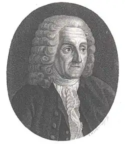 Black and white drawing of Joseph Nicolas Delisle from 1803. He is facing slightly to the left. His hair appears to be grey curls or a wig. He is wearing a ruffled shirt.