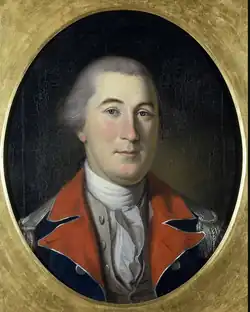 Black and white print of a man wearing an 18th-century wig, dark coat and frilled white shirt.