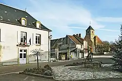 The town hall and church in Joux-la-Ville