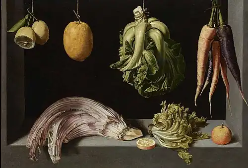 Still Life with Fruits and Vegetables, c. 1602, 69 × 96&nbsp;cm, Colección de Banco Inversión, Madrid.