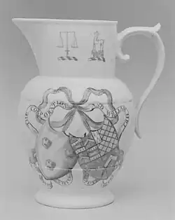 Early election jug, c. 1802, with transfer-printed decoration. Hybrid hard paste porcelain.