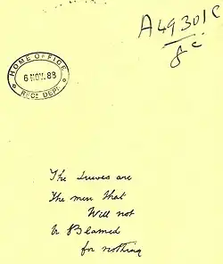 Sheet of paper on which "The Juwes are the men that will not be blamed for nothing" is written in cursive script