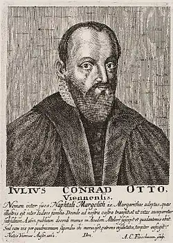Copper engraving of a bearded man wearing university robes, with additional inscription in Latin
