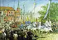 Visit of Emperor Franz Joseph I in Kraków, visible unidentified red-white flag[c], regional white-blue city flags, imperial standard and black-gold flag, 1880