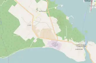 OSM map showing Juraguá and its surrounding area. The nearby nuclear plant, the Jagua Fortress, the village of Nueva Juraguá and a bit of the city of Cienfuegos, are shown in the map