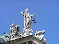 Allegory of Justice (Justitia) on the Palace of Justice in Munich, with the attributes scales and sword, 1897.