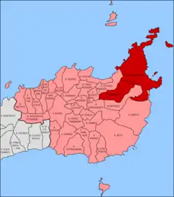 Map of east Crete. Palaikastro is in red; Lasithi in pink and red