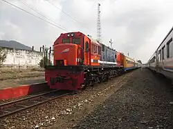 An intercity train bound for Palembang at Lubuklinggau railway station