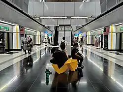Bench at the Platform Level of the station which was designed by student Chong Chin Sheng as part of a bench design competition[5]